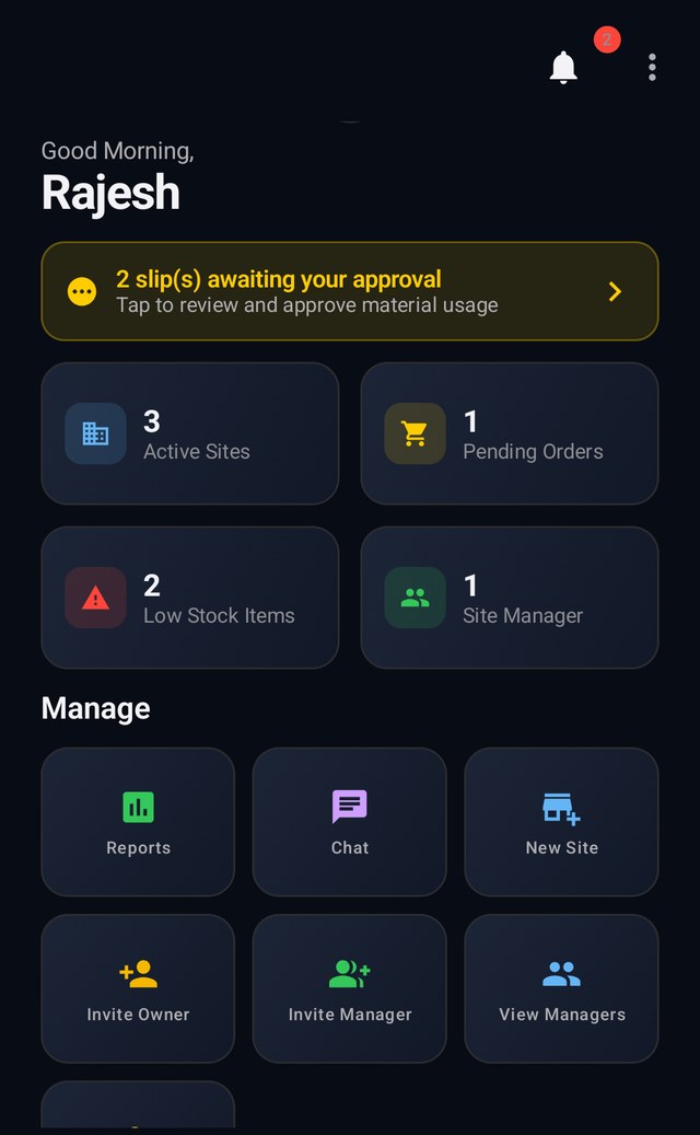 The owner dashboard: slips awaiting approval, active sites, pending orders, low stock items and site managers.