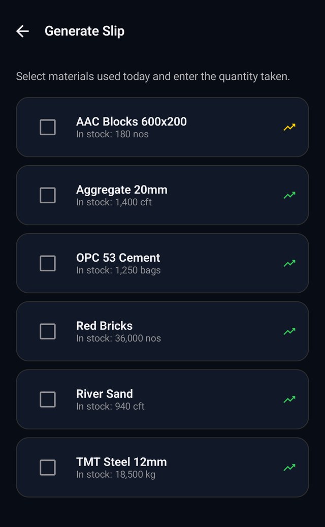 The Generate Slip screen listing each material with the quantity in stock.