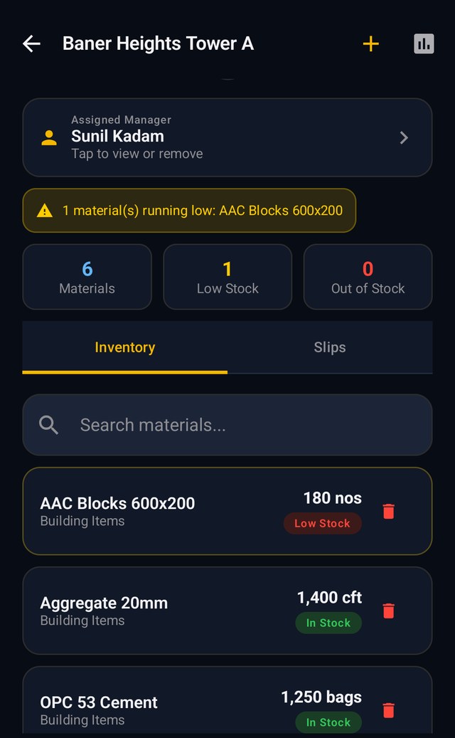 A site's inventory with a low-stock warning and each material's quantity.